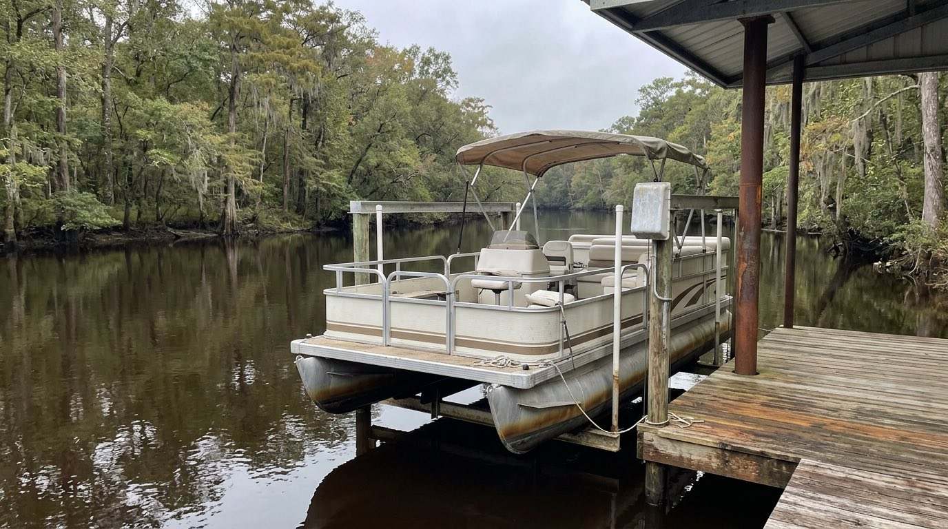 A boat on a lift over the dark blackwater of Black Creek at Doctors Inlet in Clay County, Florida