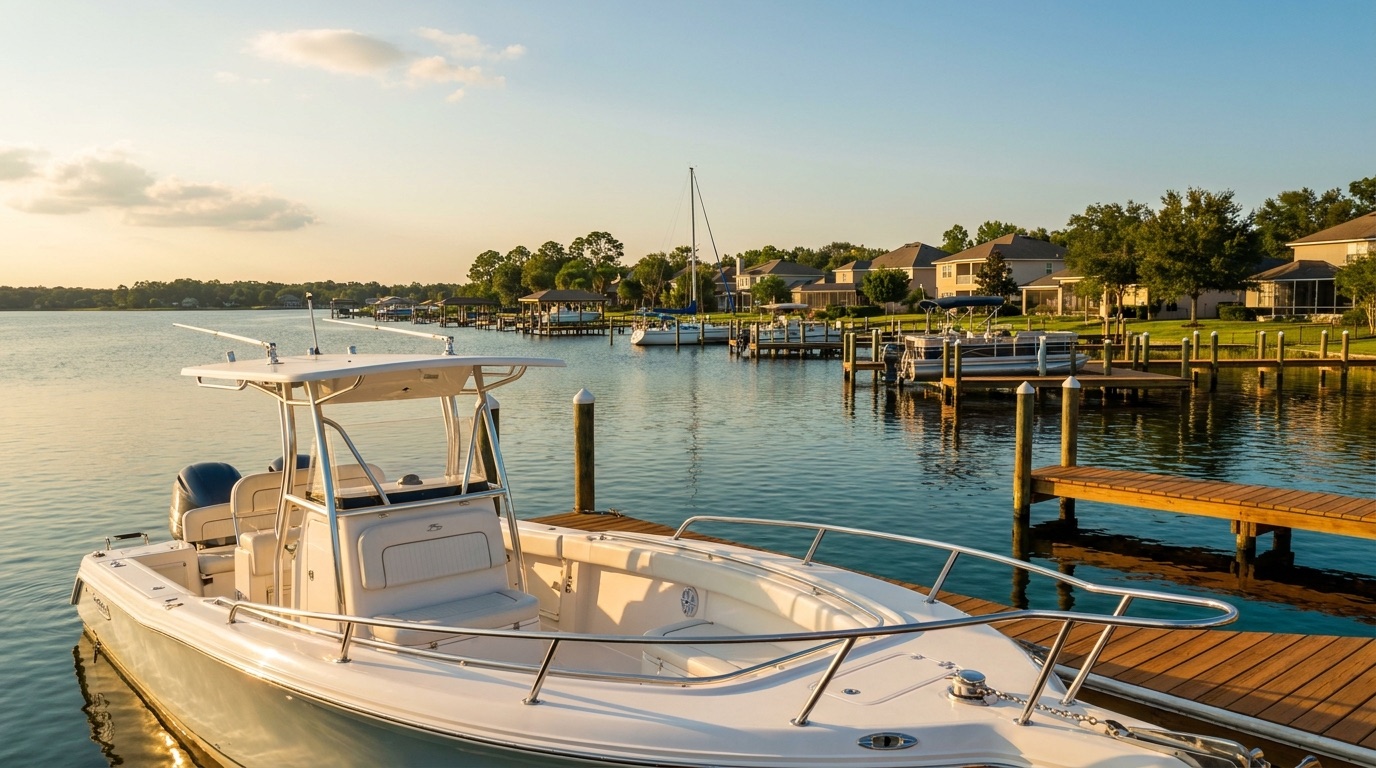 Wide open water of Doctors Lake at Fleming Island with suburban boat docks at golden hour