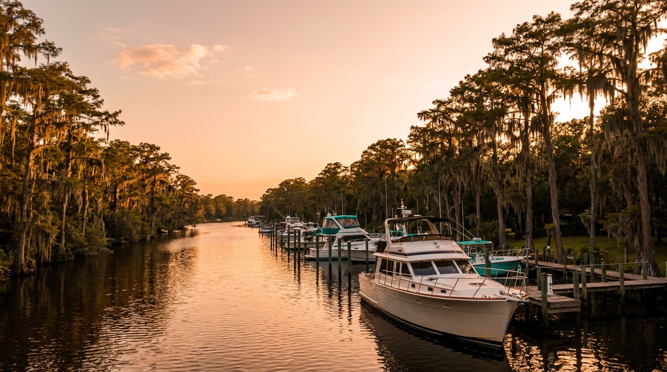 Julington Creek lined with cypress and Spanish moss with docked boats near Jacksonville at golden hour
