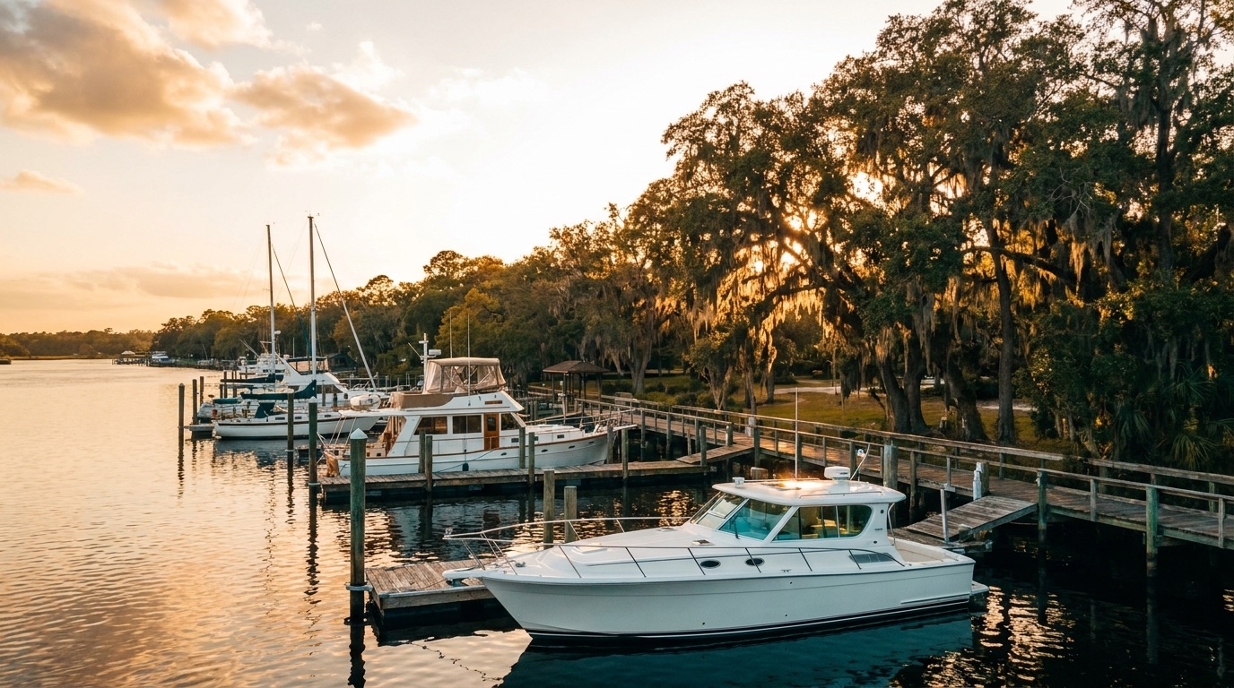 The live-oak-lined Ortega River waterfront and marina in Jacksonville at golden hour