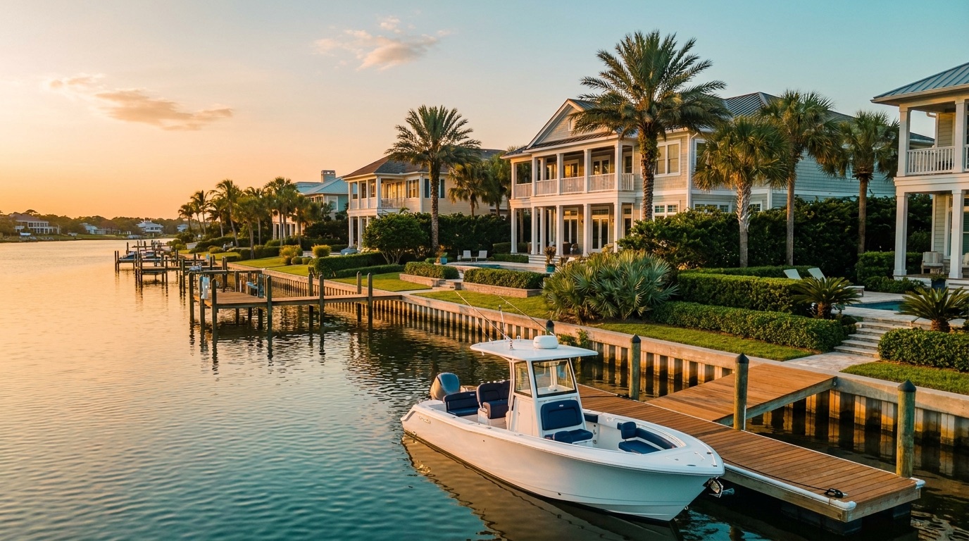 Upscale Intracoastal Waterway docks and coastal homes in Ponte Vedra Beach at golden hour