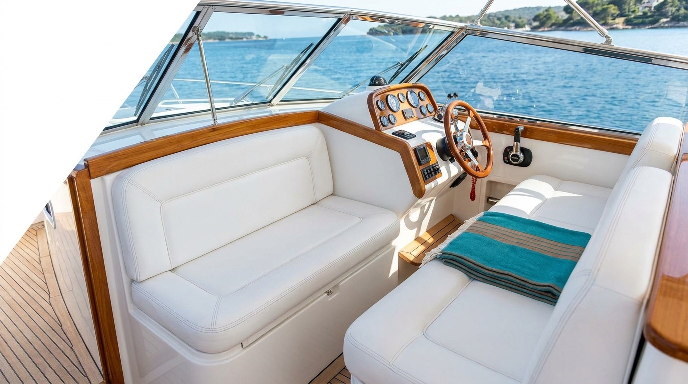 Spotless boat cockpit interior with clean white vinyl seating and conditioned teak trim