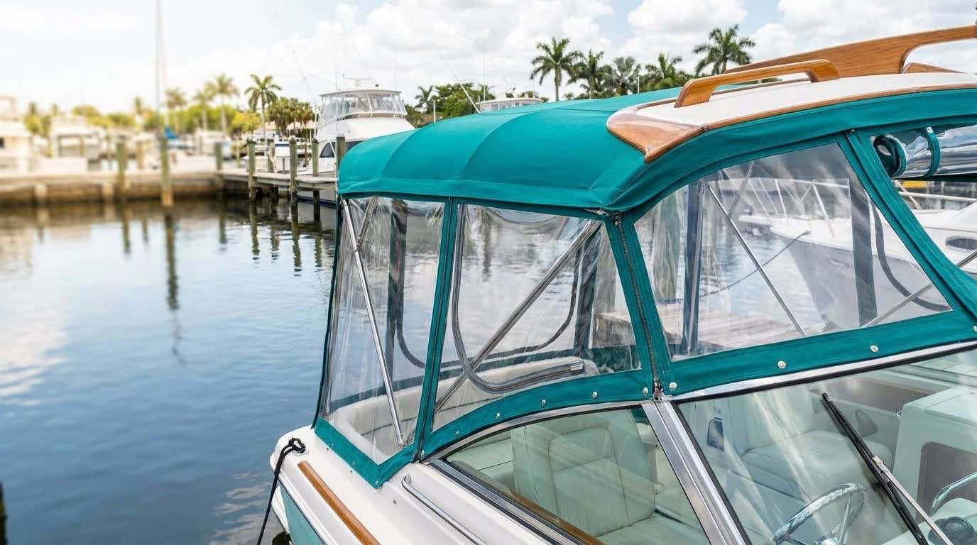 Crystal-clear boat isinglass enclosure windows and a spotless canvas bimini top at a Florida marina