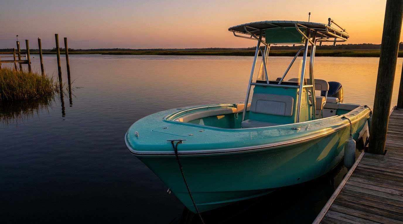 A center-console fishing boat with wet gleaming gelcoat and polished T-top at a Florida dock at golden hour