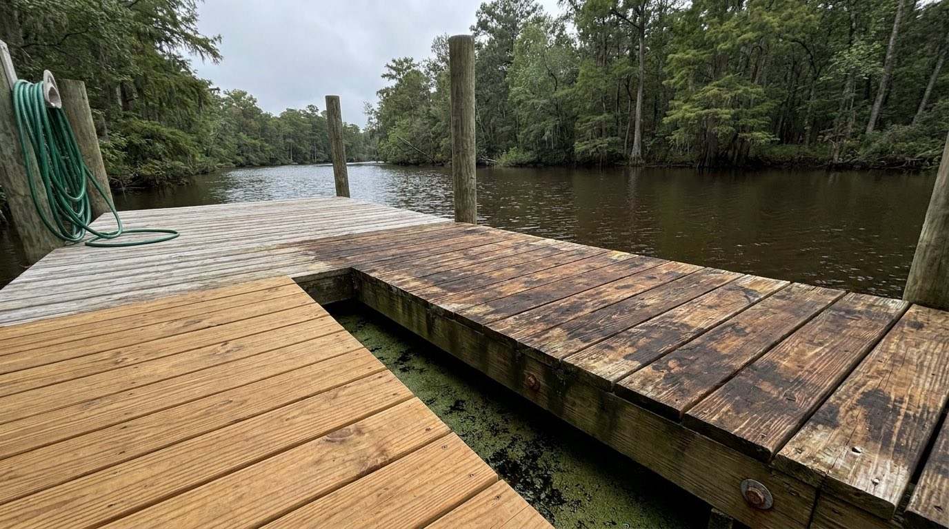 A freshly cleaned and sealed wooden dock on the dark blackwater of Black Creek at Doctors Inlet, Florida