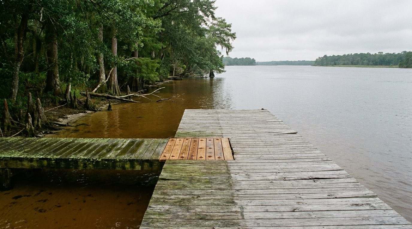 A cleaned and sealed wooden dock on the wide upper St. Johns River at Green Cove Springs, Florida