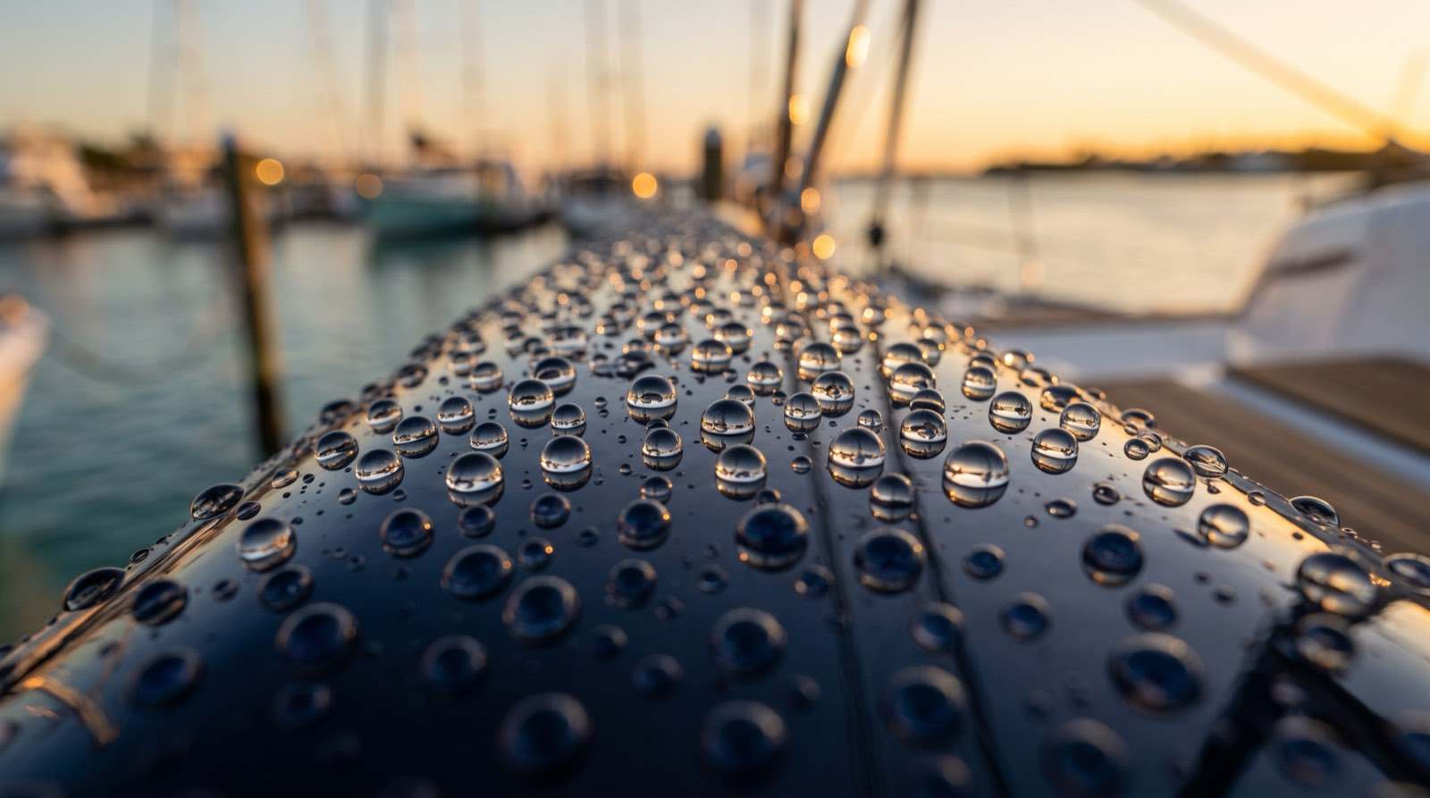 Water beading into round droplets on a ceramic-coated dark navy boat hull