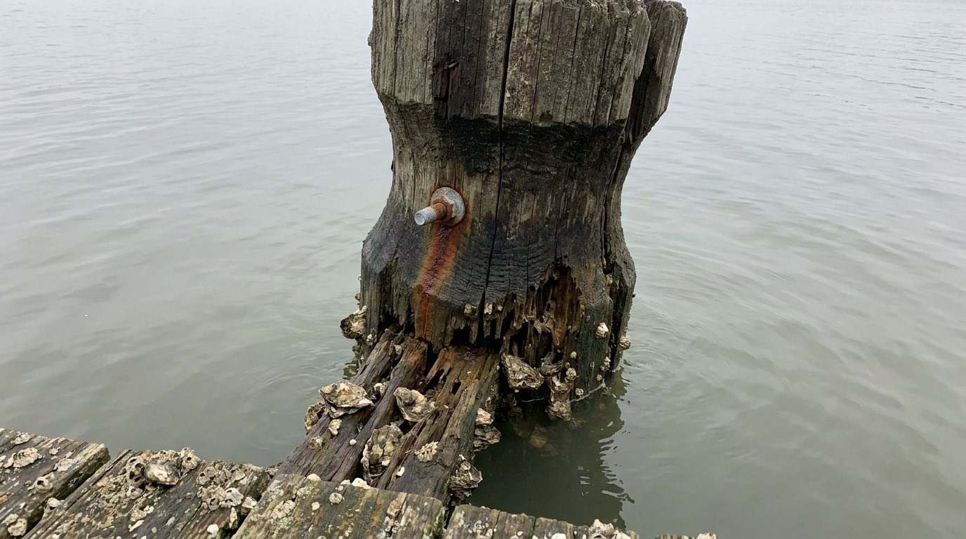 Weathered timber dock pilings at the waterline on a Northeast Florida river