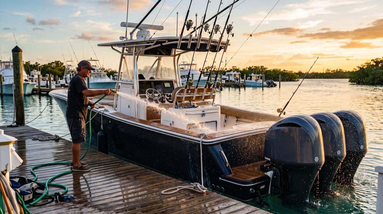 Center console fishing boat being rinsed with fresh water at a Jacksonville dock