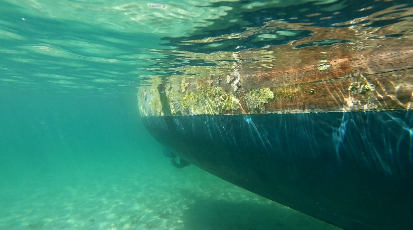 A boat hull at the waterline with a clean bottom below the line in clear green-blue Florida water
