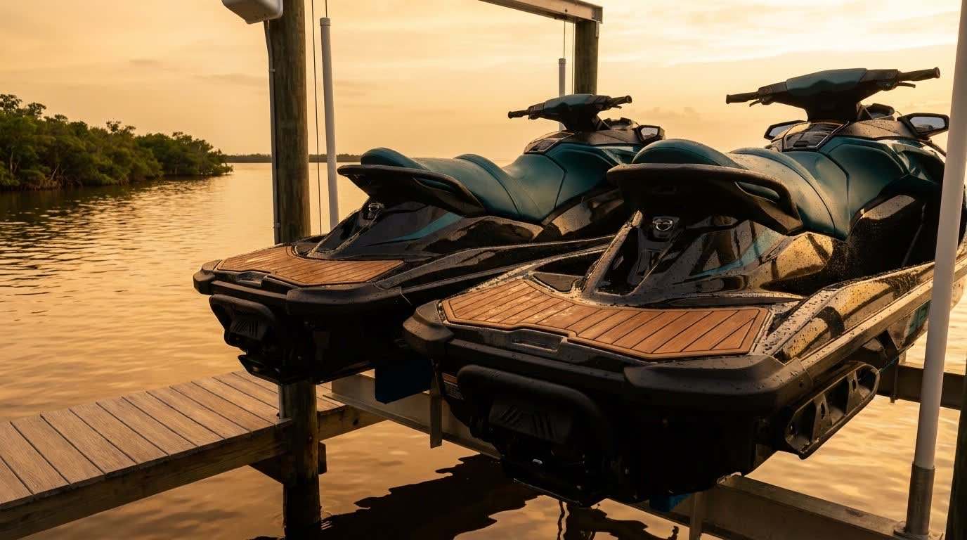 Two clean glossy jet skis with water beading, freshly detailed, beside calm Florida water at golden hour