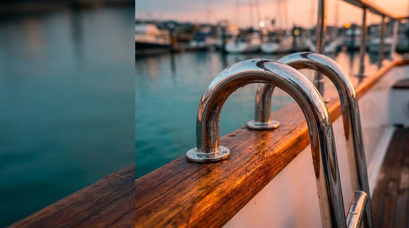 Mirror-polished stainless steel boat rails and warm oiled teak trim gleaming in golden-hour light