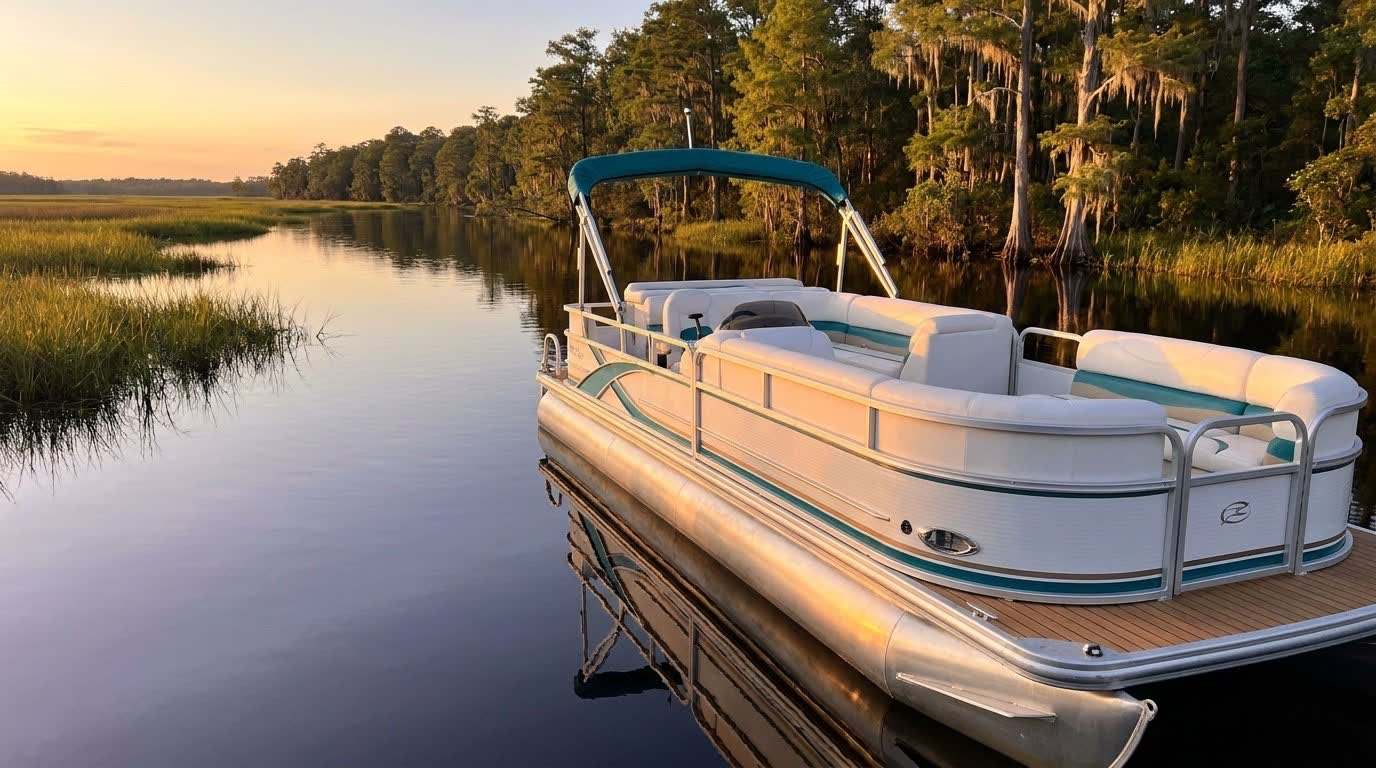 A clean detailed pontoon boat with gleaming aluminum and spotless vinyl furniture on a Florida river at golden hour