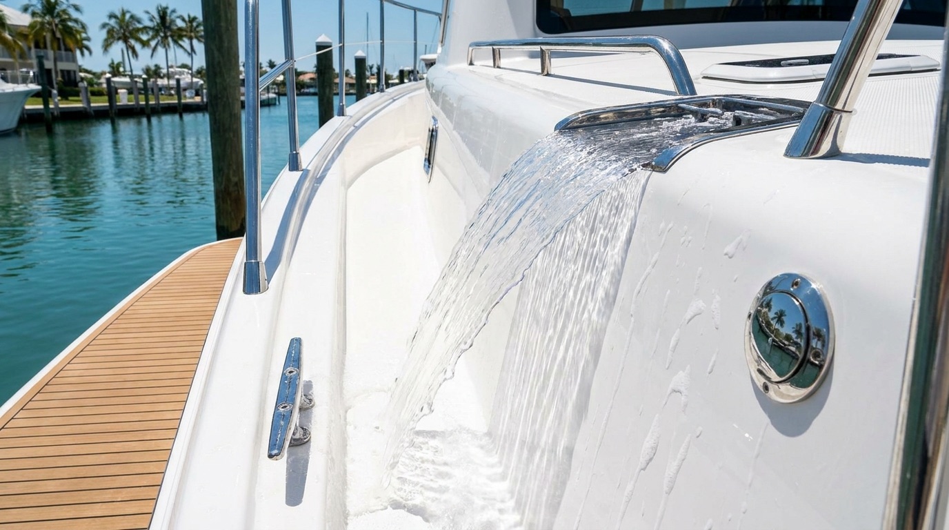 Fresh water rinsing over a clean white boat deck at a sunny Florida marina