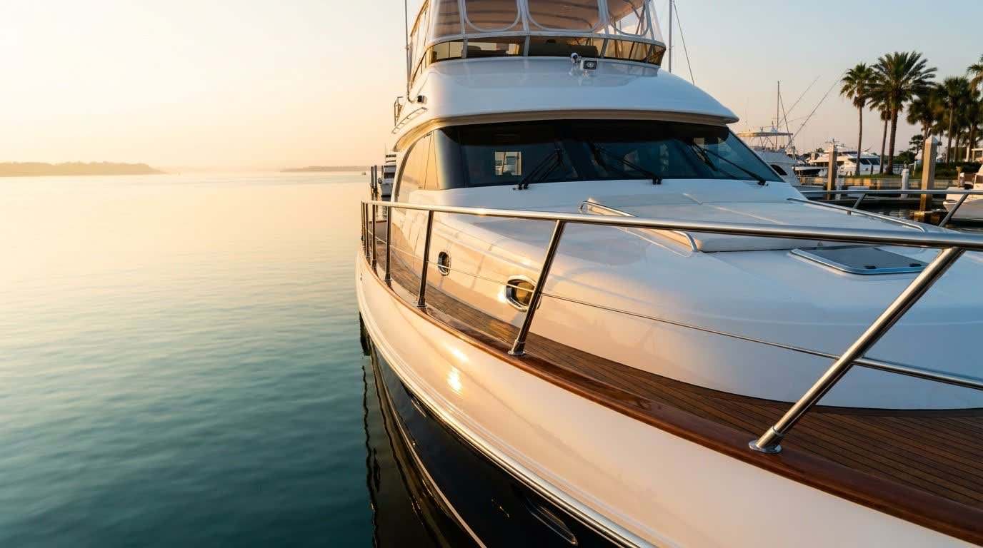 A gleaming white motor yacht with a mirror-polished hull at a Jacksonville marina at golden hour